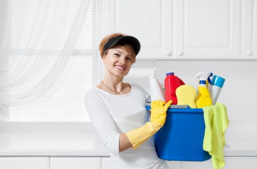 Technician treating fabric upholstery with care in Plumstead home