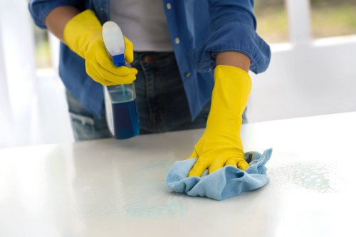 Cleaning process in progress on a carpeted floor